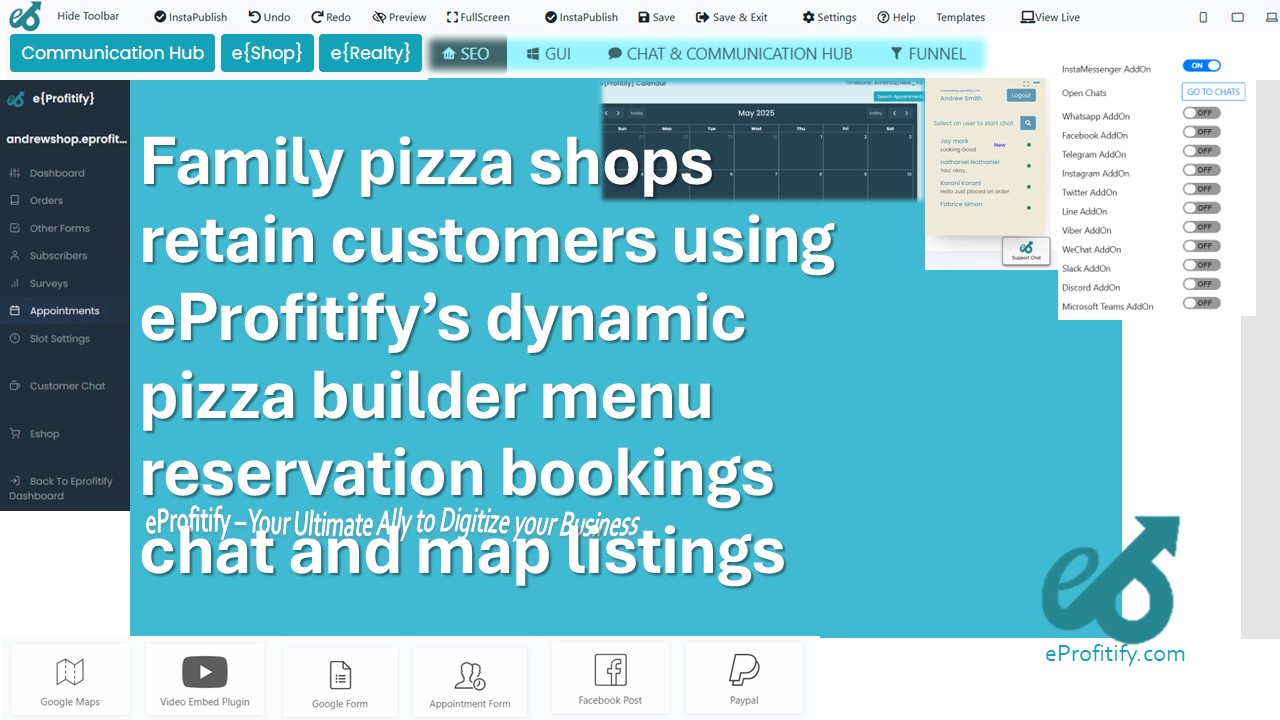 Family pizza shops retain customers using eProfitify’s dynamic pizza builder menu reservation bookings chat and map listings